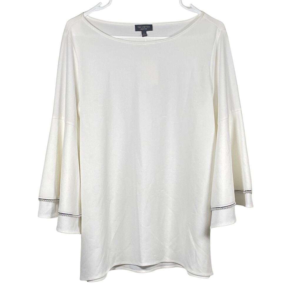The Limited Top Blouse Womens Size Small Stretch Beaded Bell 3/4 Sleeves White